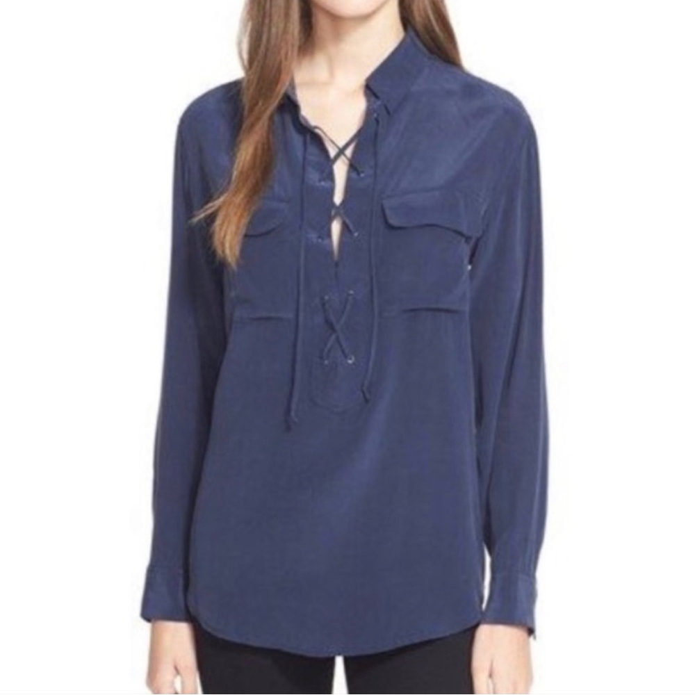 Equipment Knox Silk Lace-up Long Sleeve Shirt Navy Size S